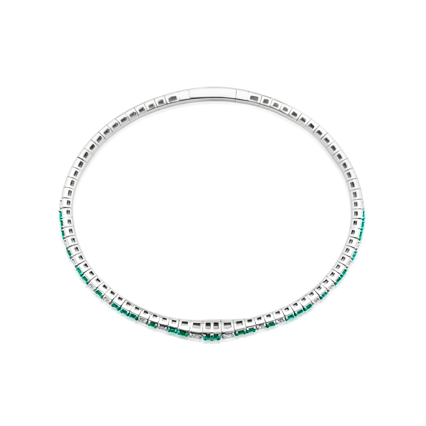 Staggered Emerald and Diamond 18K White Gold Bangle