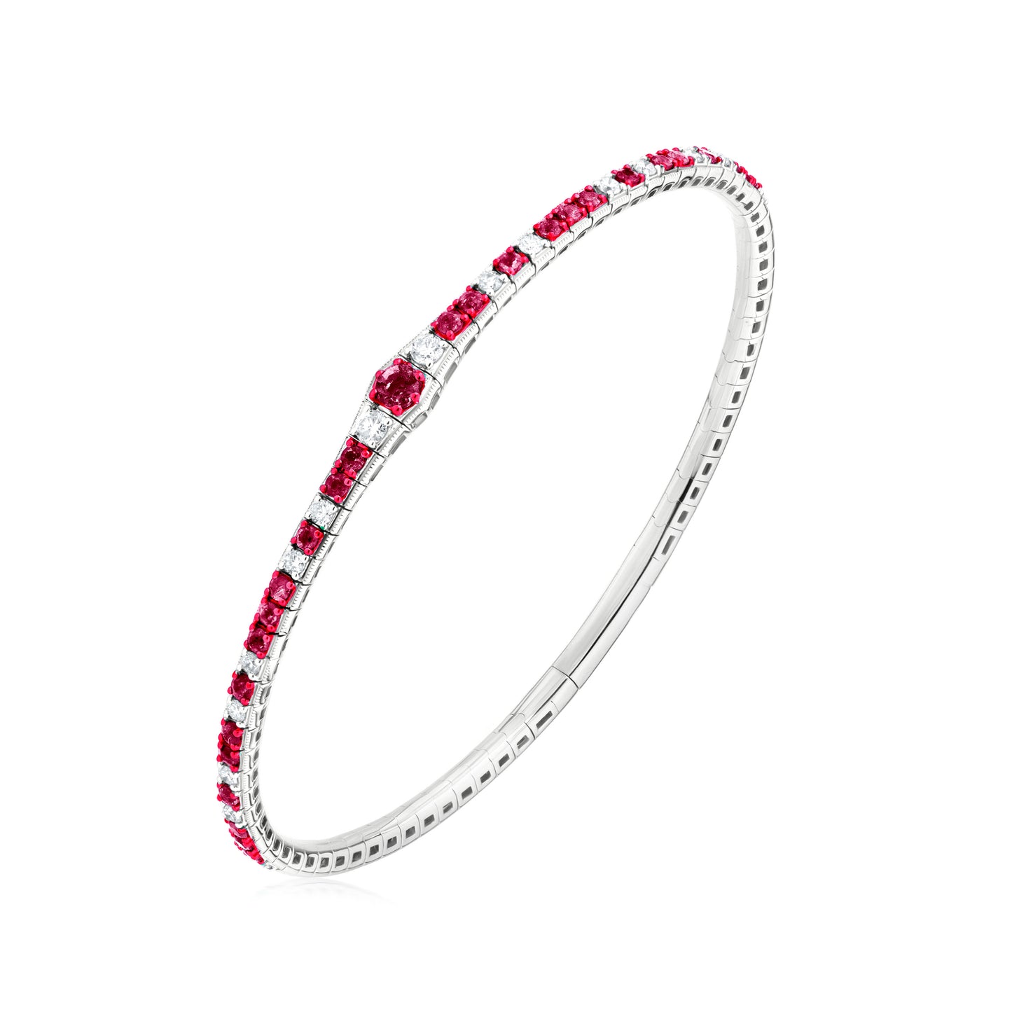 Staggered Ruby and Diamond 18K White Gold Bangle