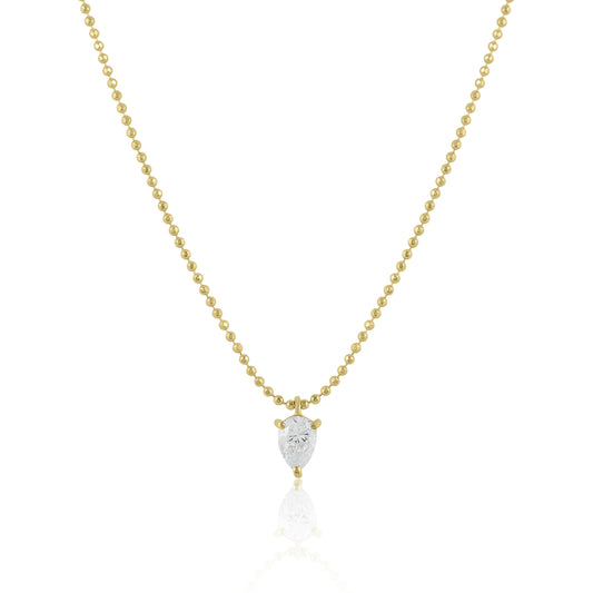 18K Gold Beaded Chain Necklace With Pear Shaped Diamond - Main