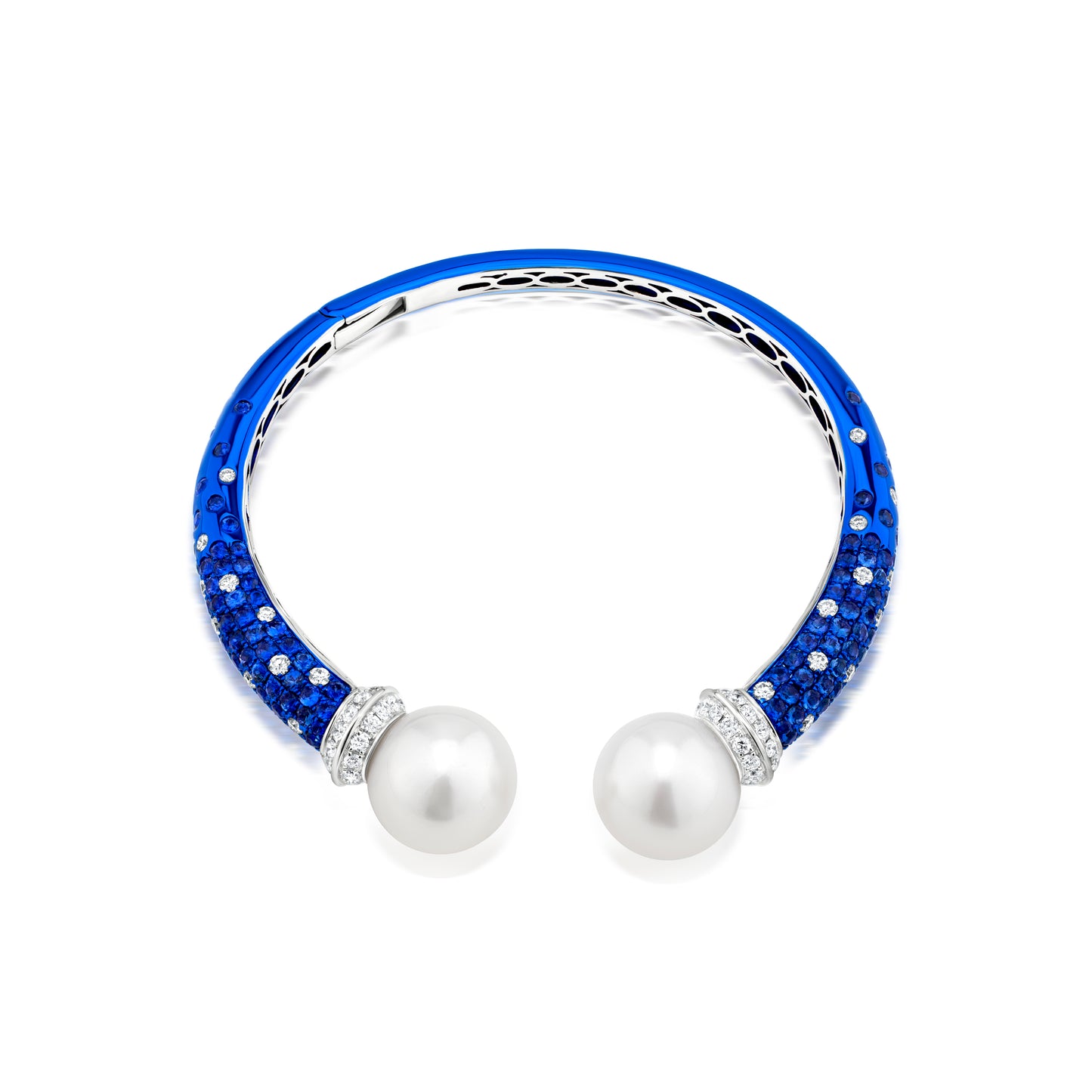 Bangle With Pearl,Sapphire And Diamond In 18K White Gold And Blue Rhodium
