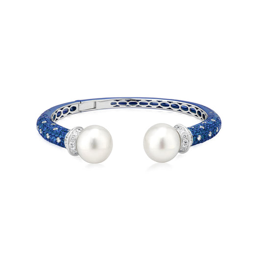 Bangle With Pearl,Sapphire And Diamond In 18K White Gold And Blue Rhodium