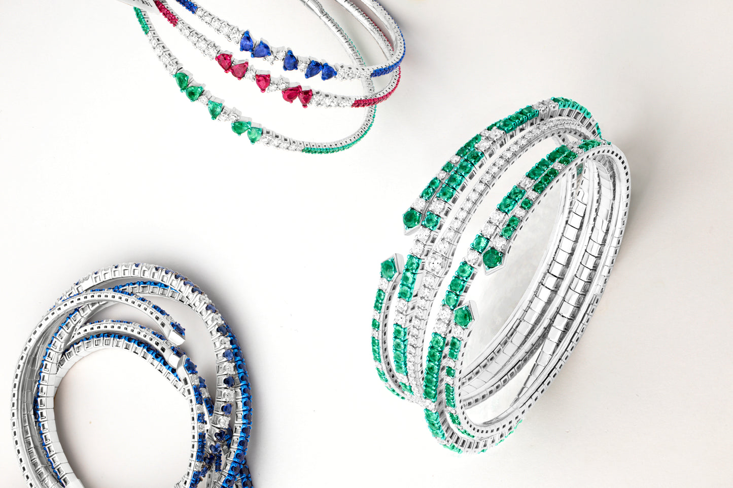 Emerald and Diamond 18K White Gold Multi-Pear Bangle