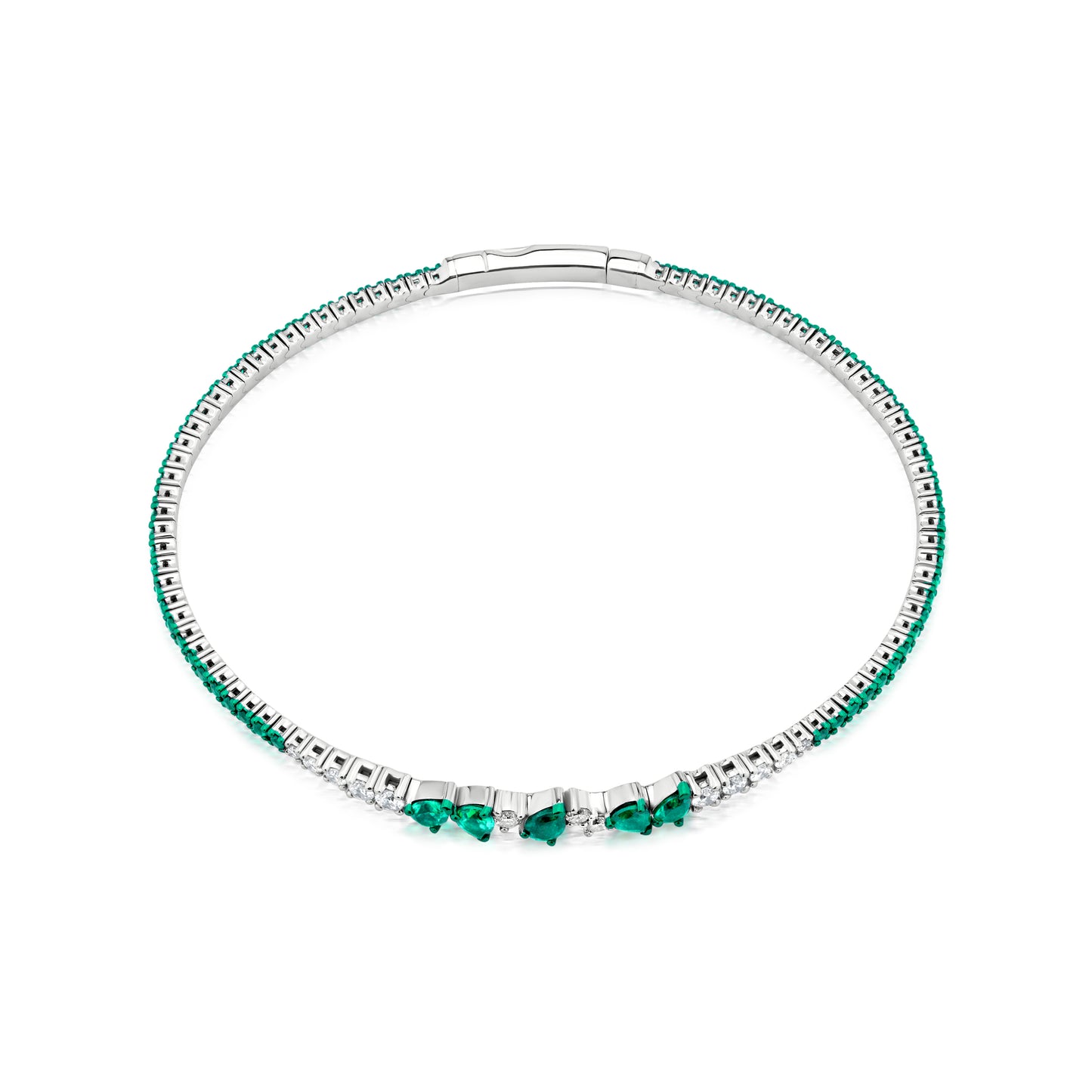 18K White Gold White Diamond and Emerald Bangle