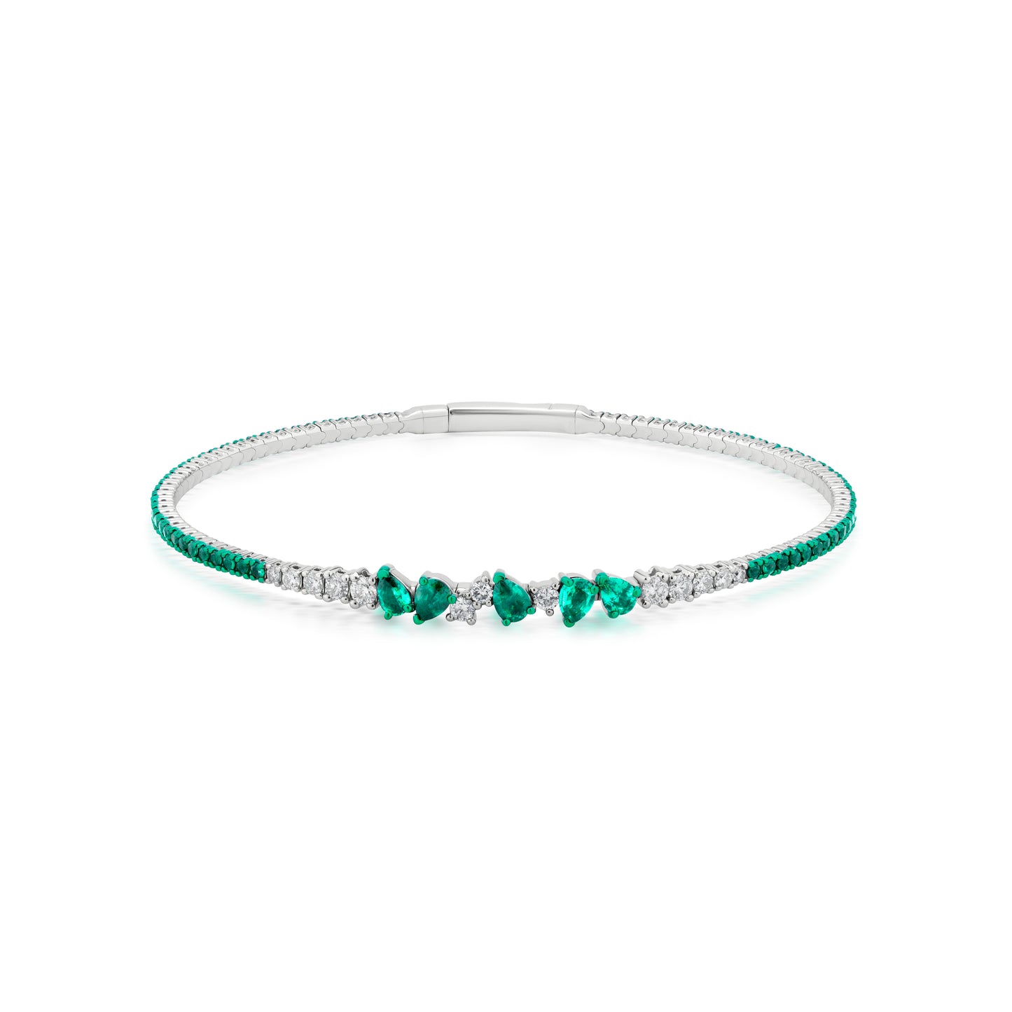 18K White Gold White Diamond and Emerald Bangle