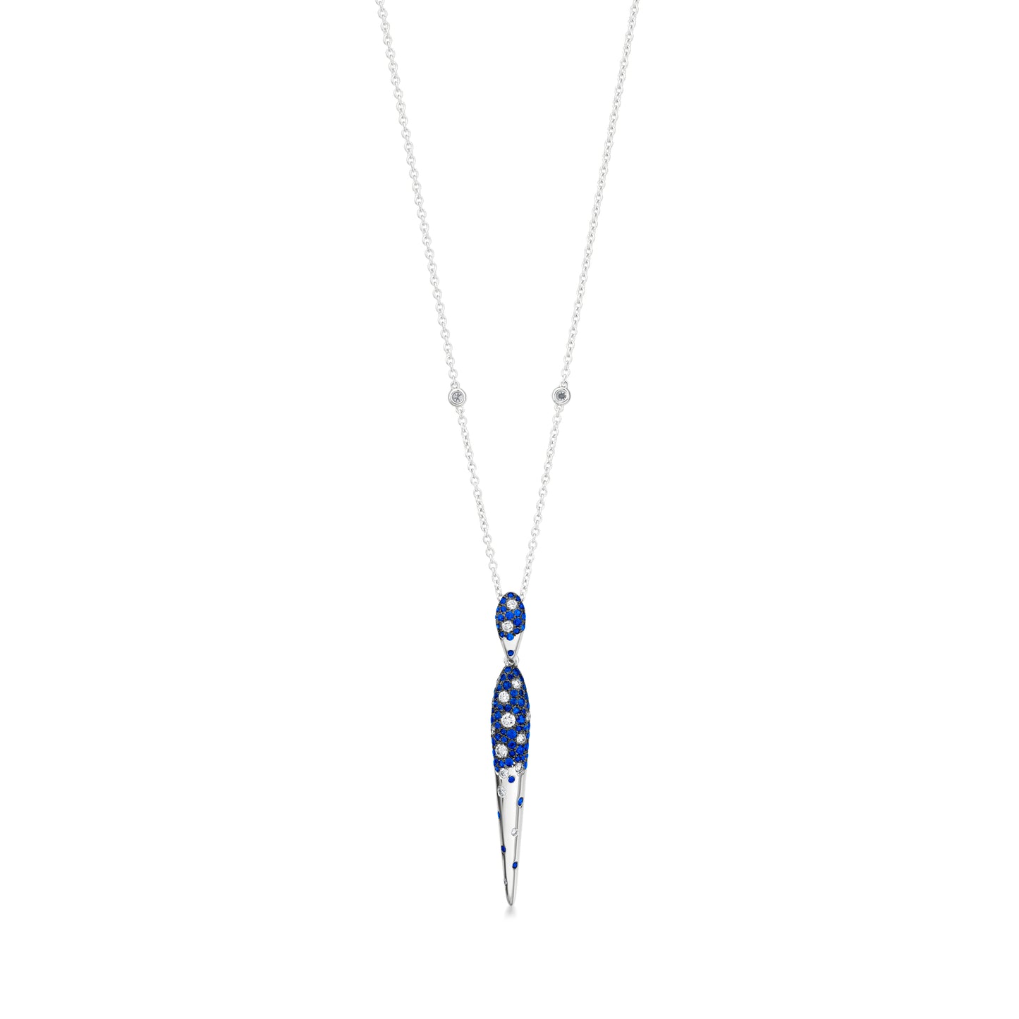 18K White Gold Diamond and Blue Sapphire Pendant Necklace