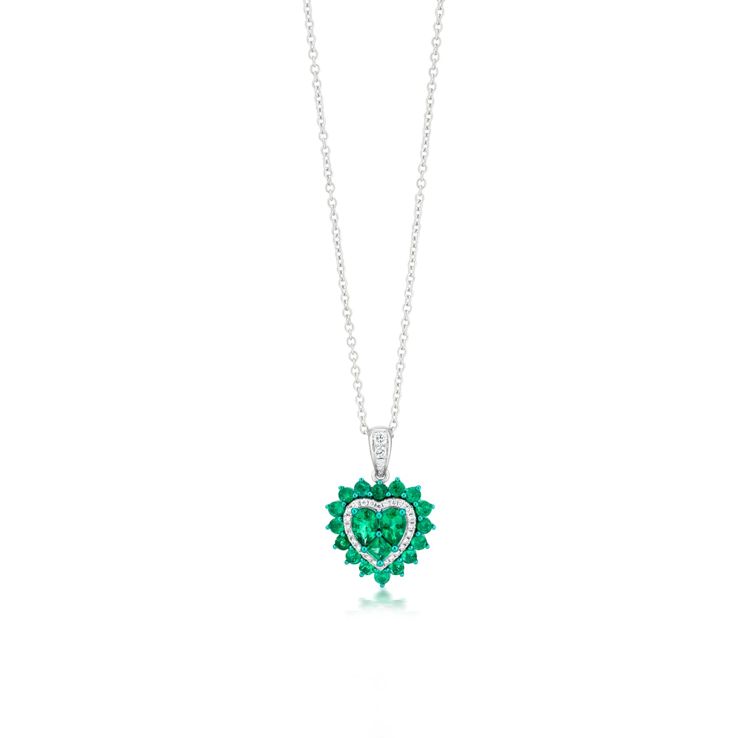 Emerald and Diamond 18K White Gold Heart Pendant Necklace