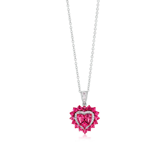 Ruby and Diamond 18K White Gold Heart Pendant Necklace