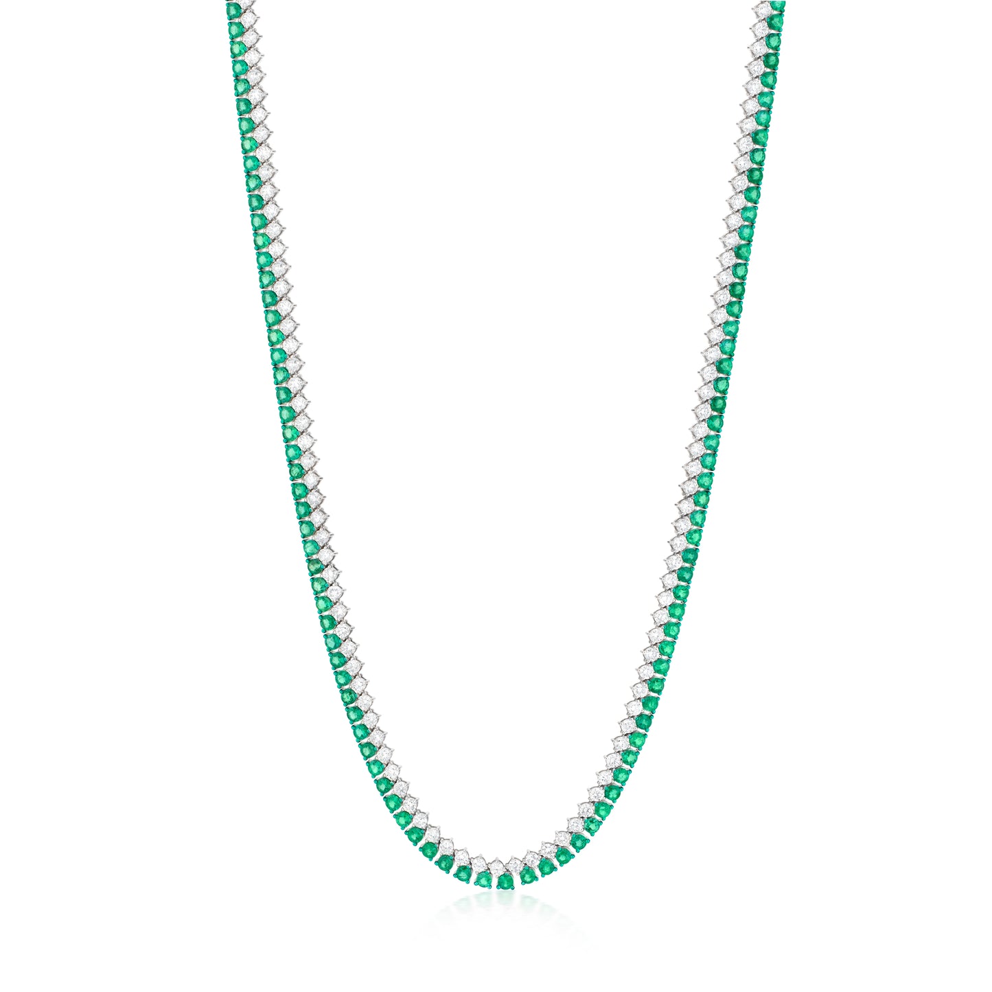 18K White Gold And Green Rhodium White Diamond and Emerald Tennis Necklace