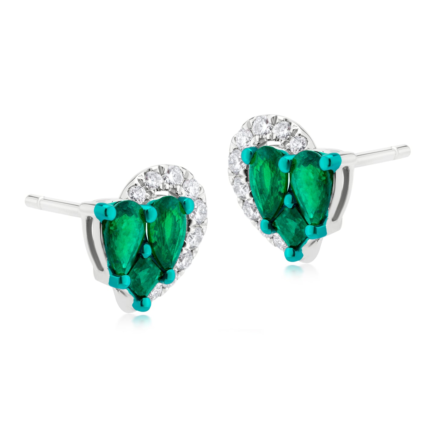 Emerald with Diamond Half Crescent 18K White Gold Heart Stud Earrings