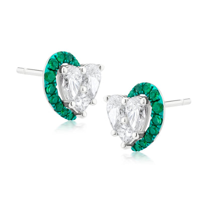 Diamond and Emerald Half Crescent 18K White Gold Stud Earrings