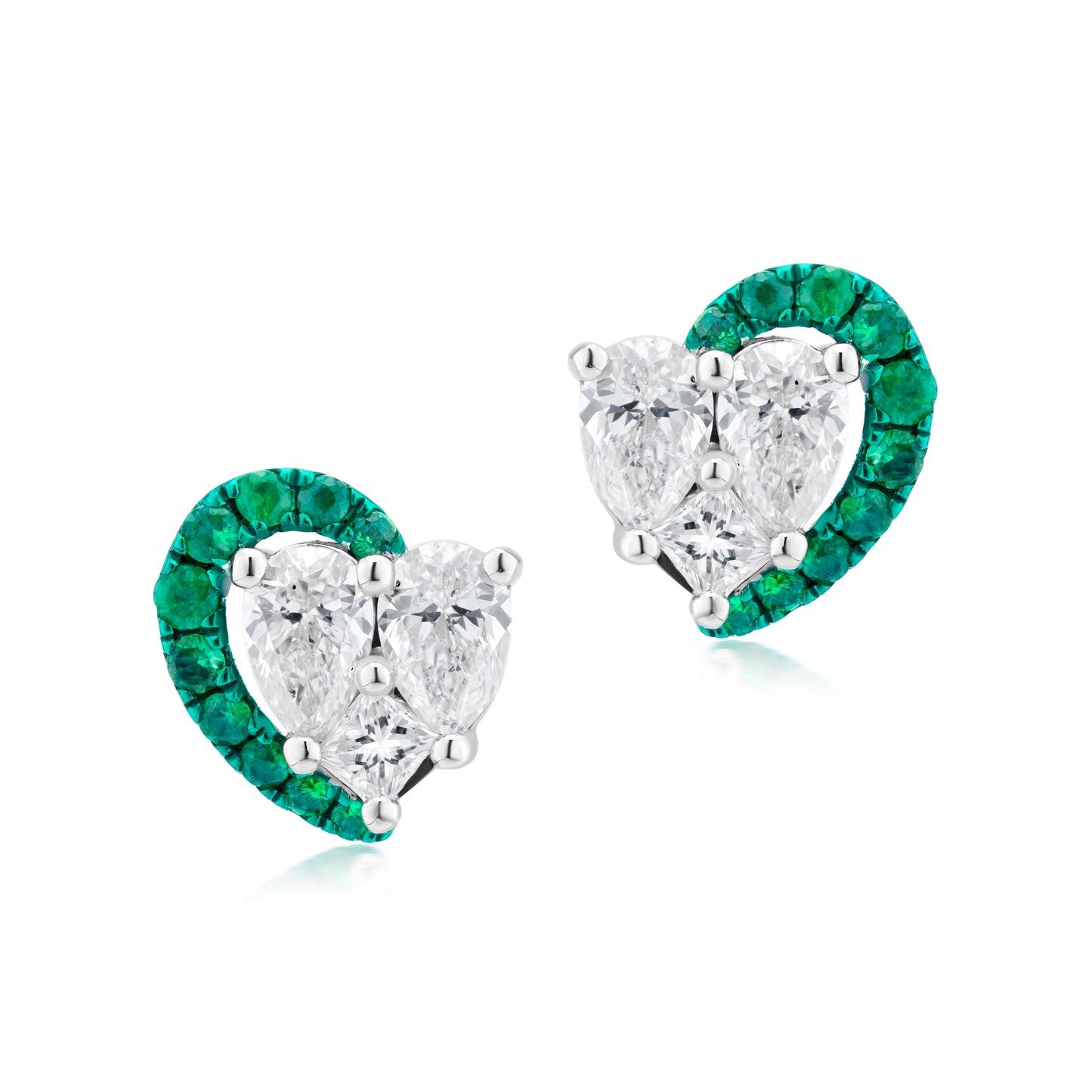 Diamond and Emerald Half Crescent 18K White Gold Stud Earrings
