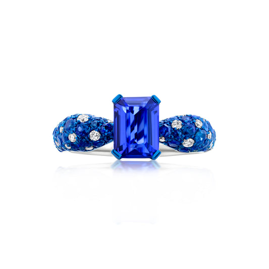 Ring With Sapphire,Tanzanite And Diamond In 18K White Gold And Blue Rhodium