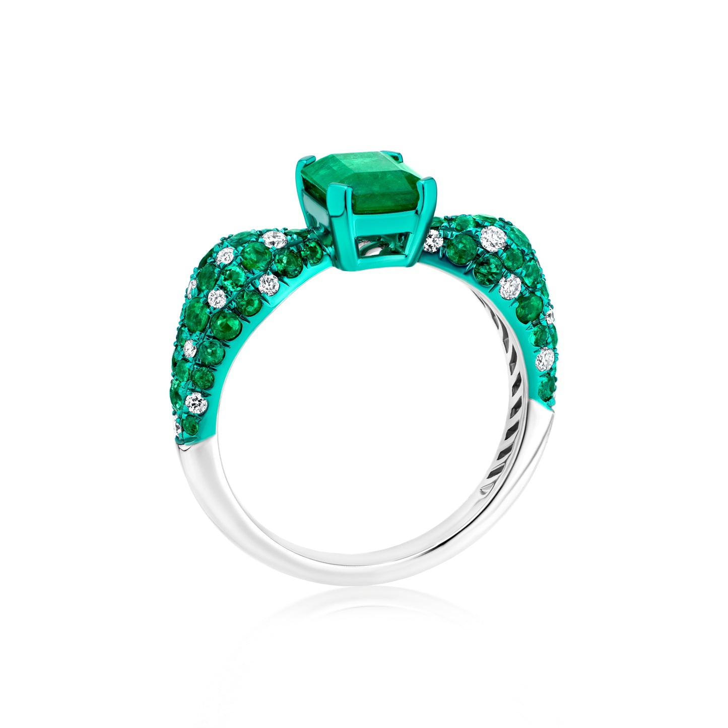 18K White Gold White Diamond and Emerald Statement Ring