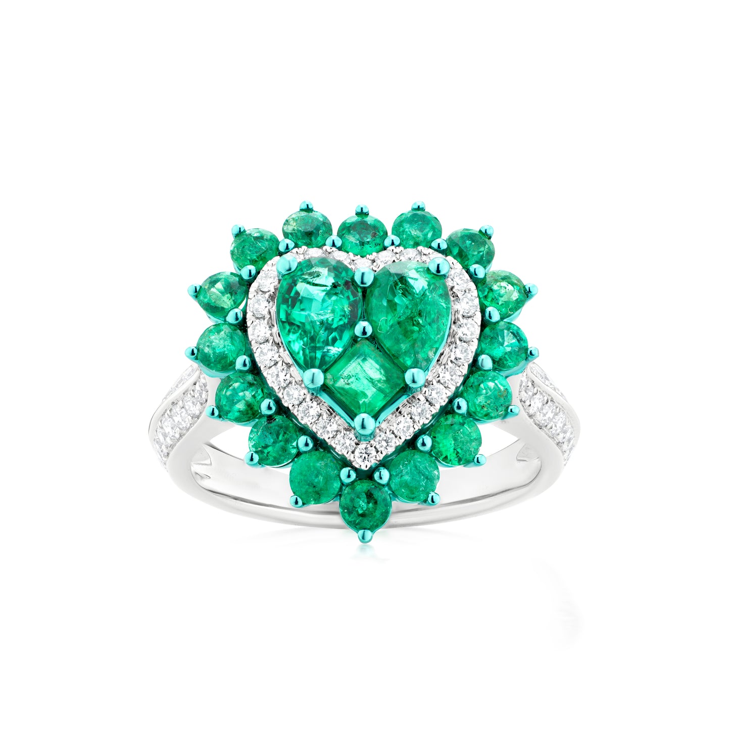 Emerald and Diamond Heart 18K White Gold Heart Ring