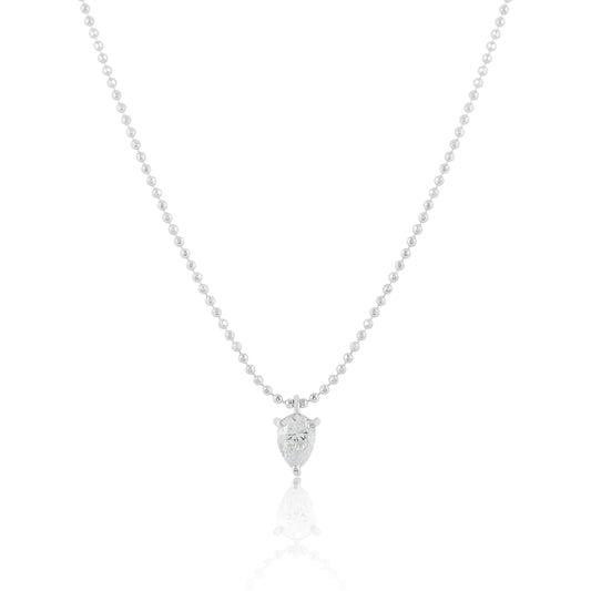 18K White Gold Beaded Chain Necklace With Pear Shaped Diamond - Main
