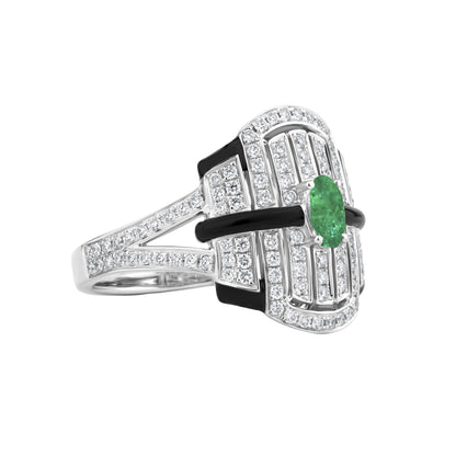 Middle Band Ring With Emerald And Diamond In 18K White Gold