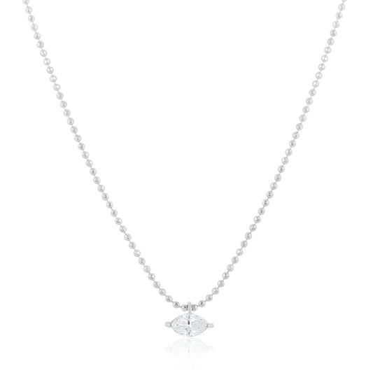 18K White Gold Beaded Chain Necklace With Oval Diamond - Main
