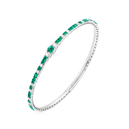 Staggered Emerald and Diamond 18K White Gold Bangle