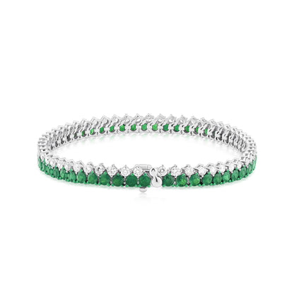 Emerald and Diamond Dual Row Two-Tone 18K White Gold Bracelet
