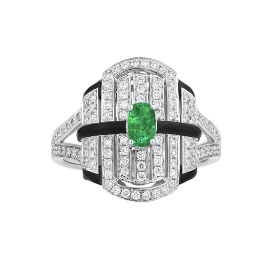 Middle Band Ring With Emerald And Diamond In 18K White Gold