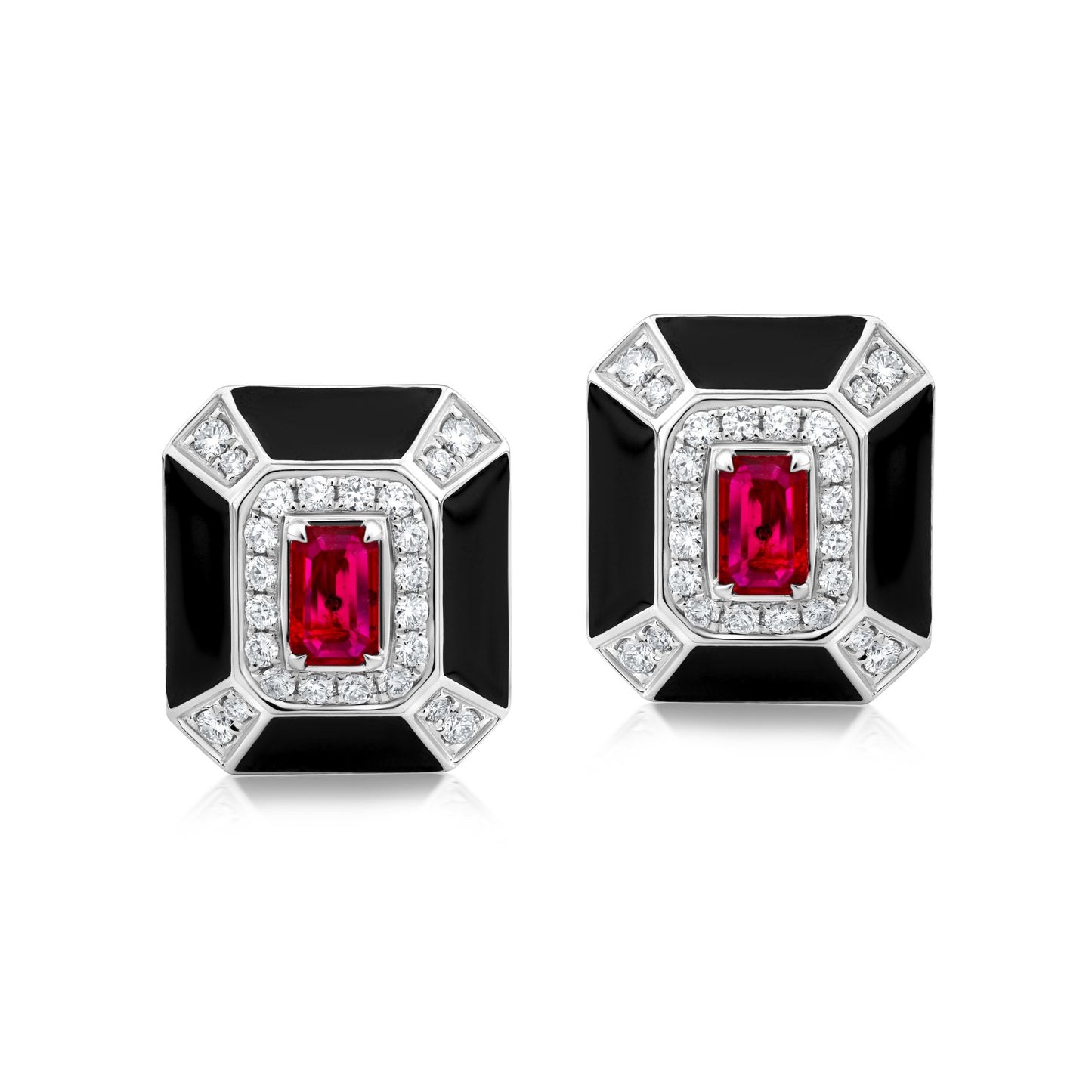 Rectangular Earring With Ruby And Diamond In 18K White Gold