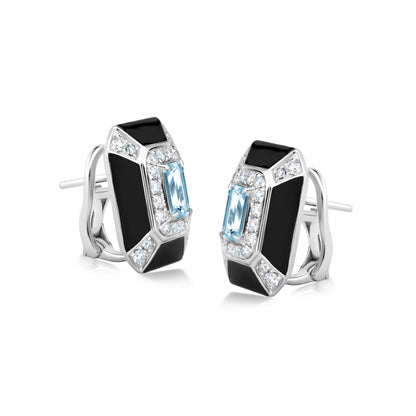 Rectangular Earring With Aqua And Diamond In 18K White Gold