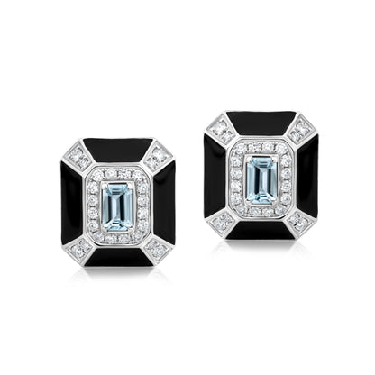 Rectangular Earring With Aqua And Diamond In 18K White Gold