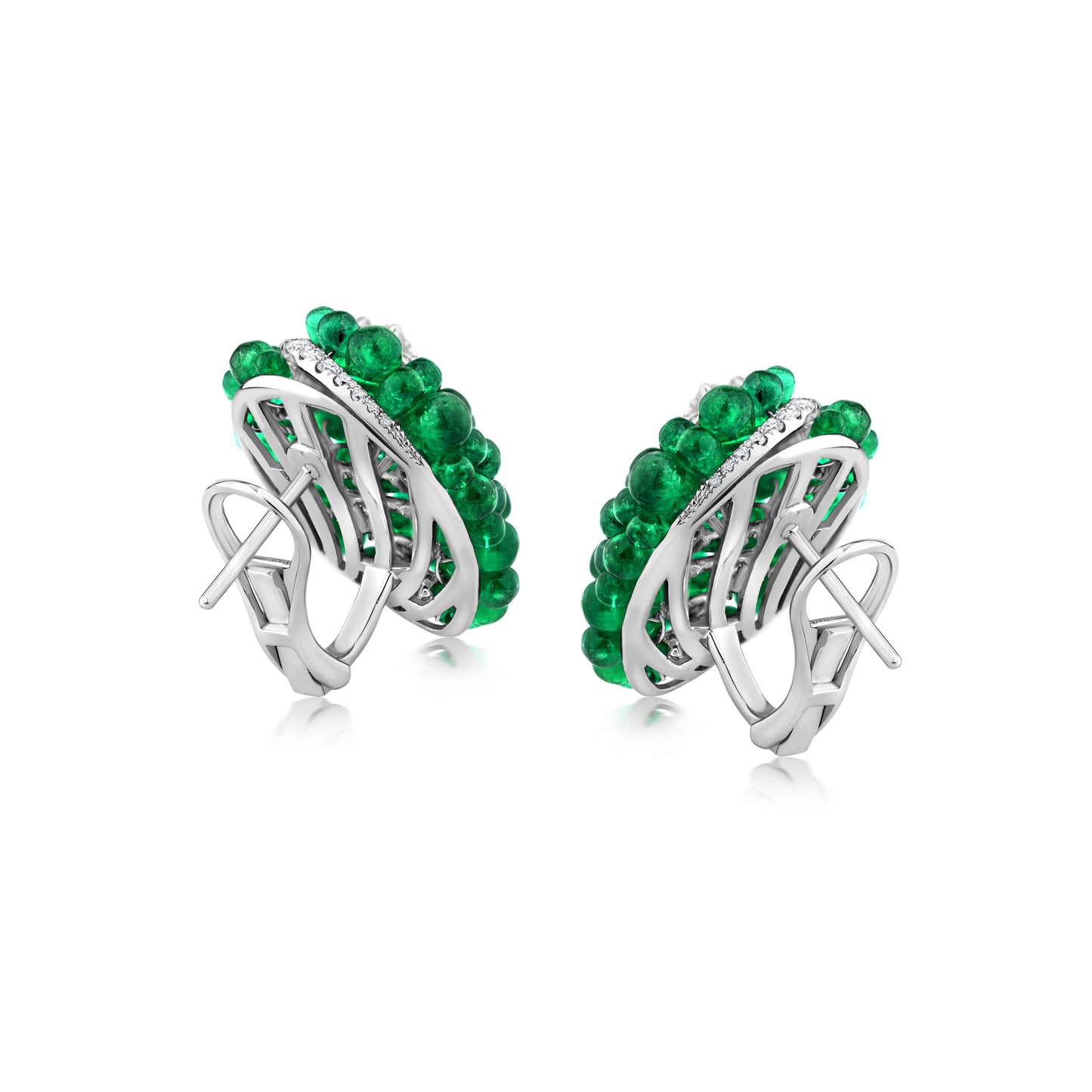 Small Cluster Around Swirl Earrings With Emerald And Diamond In 18K White Gold