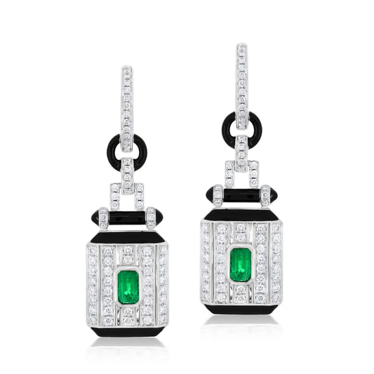 Rectangular Drop Earring With Emerald And Diamond In 18K White Gold