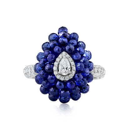 Teadrop Cluster Ring With Sapphire And Diamond Center In 18K White Gold