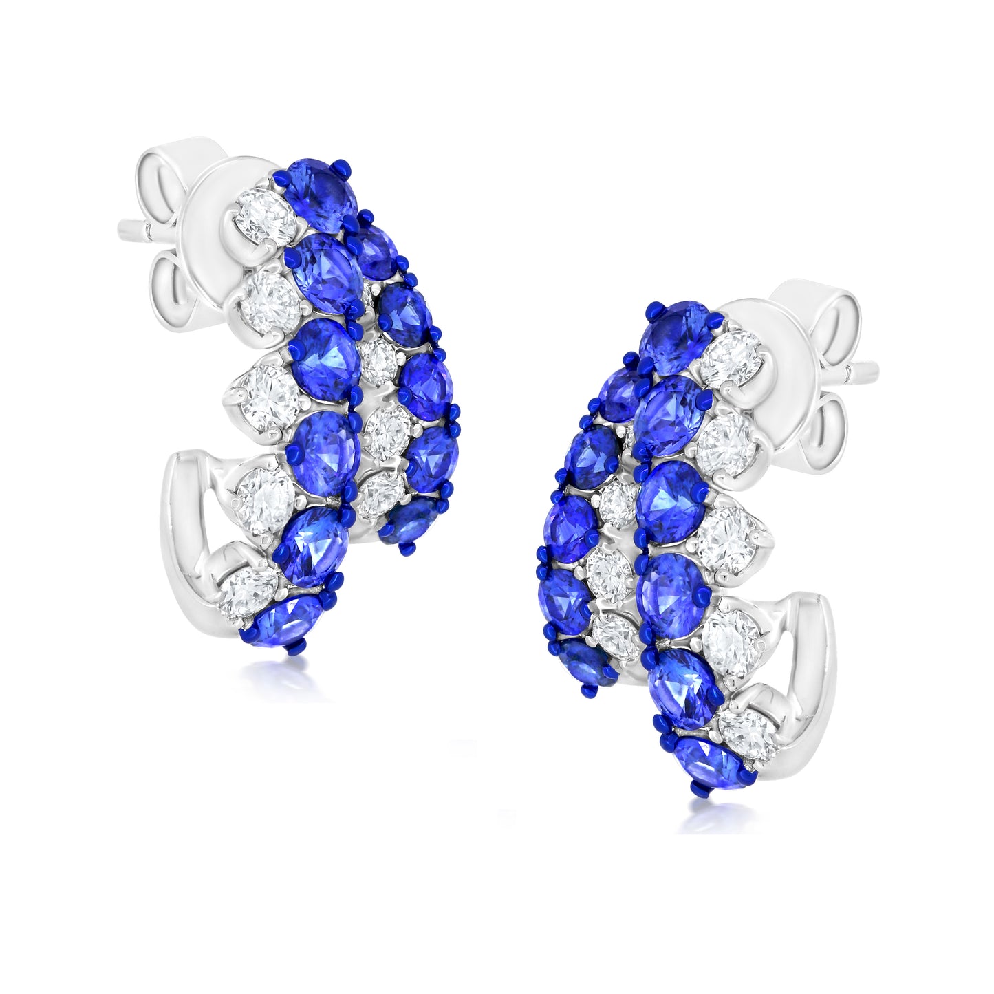 Two Row Earring With Sapphire And Diamond In 18K White Gold And Blue Rhodium