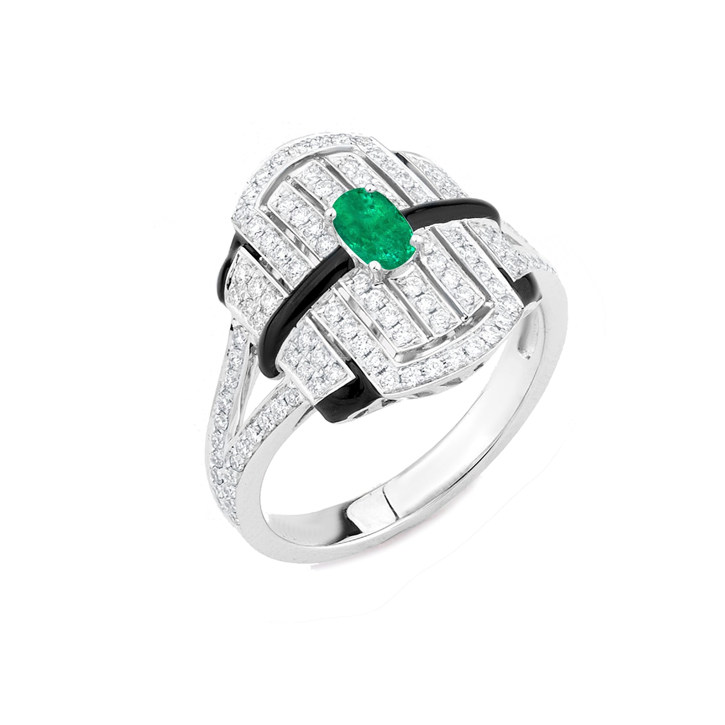 Middle Band Ring With Emerald And Diamond In 18K White Gold