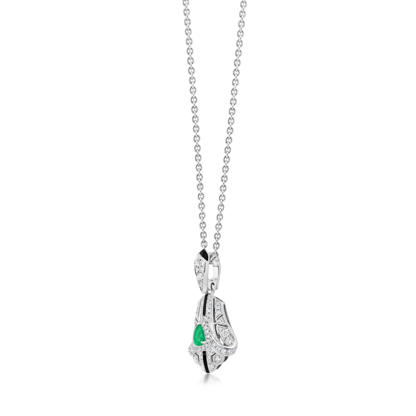 Fan Necklace With Emerald And Diamond In 18K White Gold