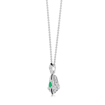 Fan Necklace With Emerald And Diamond In 18K White Gold