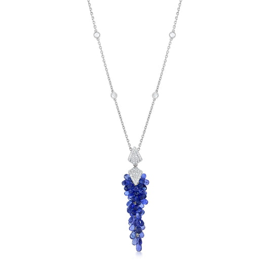 Dangle Cluster Necklace With Sapphire And Diamond In 18K White Gold