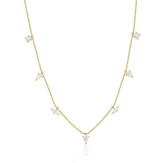 18K Gold Beaded Chain Necklace With Pear Shaped Diamonds - Main