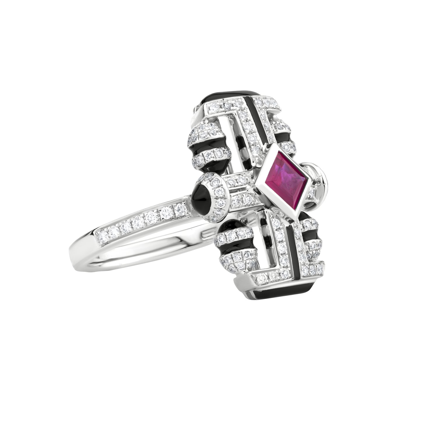 Quad Cylinder Ring With Ruby And Diamond In 18K White Gold