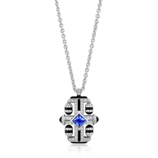 Quad Cylinder Necklace With Sapphire And Diamond In 18K White Gold