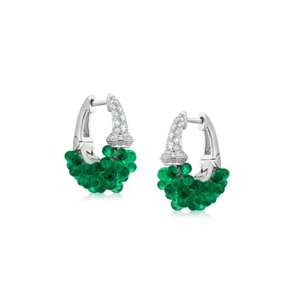 Cluster Hoop Earring With Emerald And Diamond In 18K White Gold