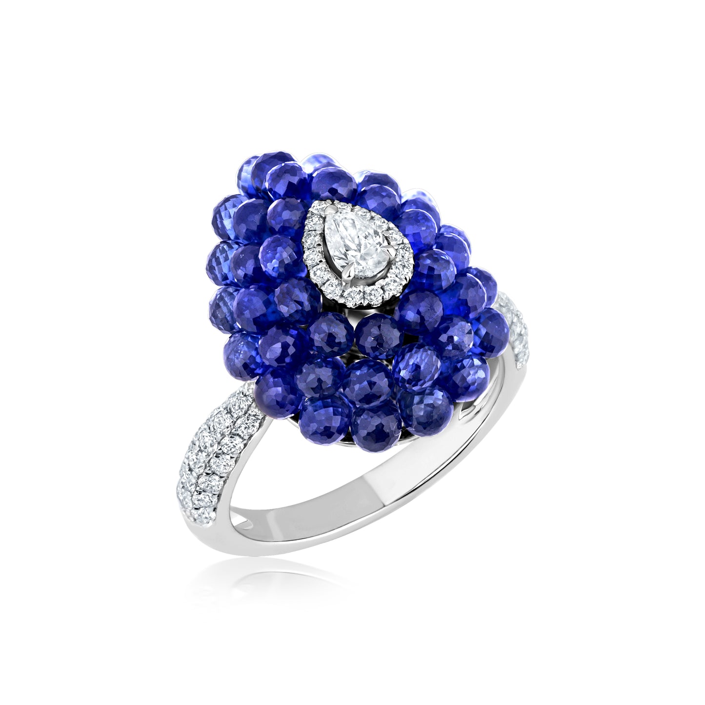 Teadrop Cluster Ring With Sapphire And Diamond Center In 18K White Gold