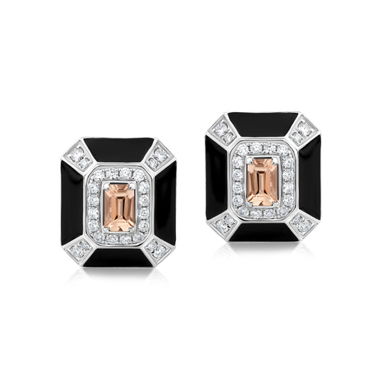 Rectangular Earring With Morganite And Diamond In 18K White Gold