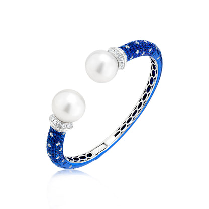 Bangle With Pearl,Sapphire And Diamond In 18K White Gold And Blue Rhodium