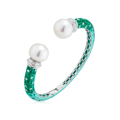 Bangle With Pearl,Emerald And Diamond In 18K White Gold And Green Rhodium