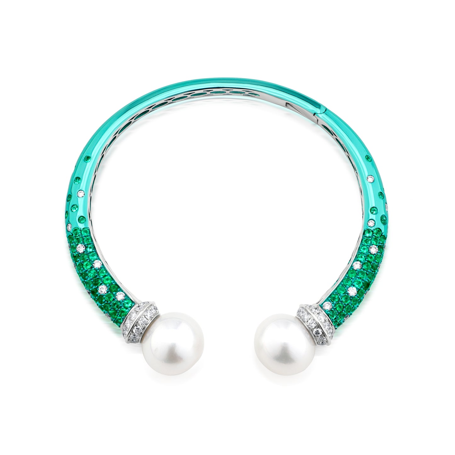 Bangle With Pearl,Emerald And Diamond In 18K White Gold And Green Rhodium