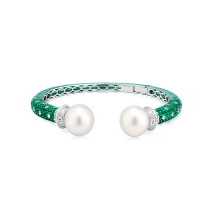 Bangle With Pearl,Emerald And Diamond In 18K White Gold And Green Rhodium