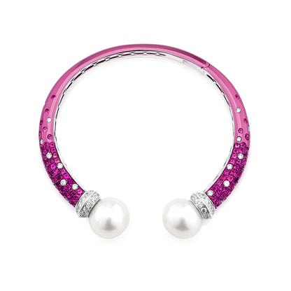 Bangle With Pearl,Ruby And Diamond In 18K White Gold And Pink Rhodium