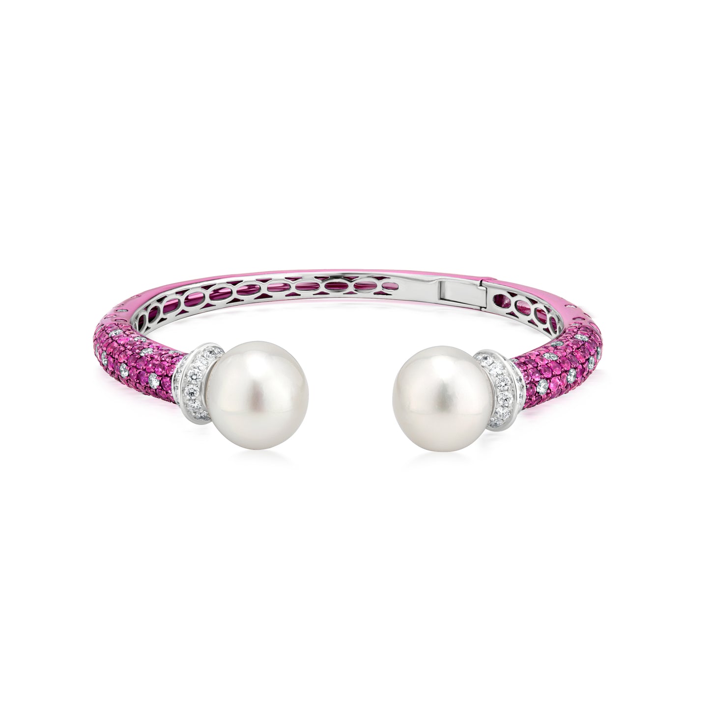 Bangle With Pearl,Ruby And Diamond In 18K White Gold And Pink Rhodium
