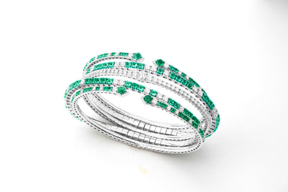 Emerald and Diamond 18K White Gold Open Bangle