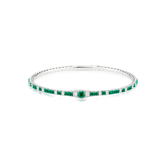 Staggered Emerald and Diamond 18K White Gold Bangle
