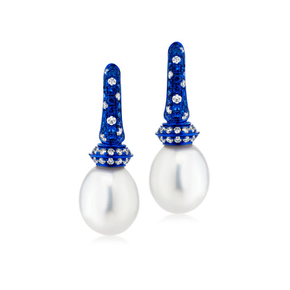 Earring With Sapphire,Pearl And Diamond In 18K Gold And Blue Rhodium
